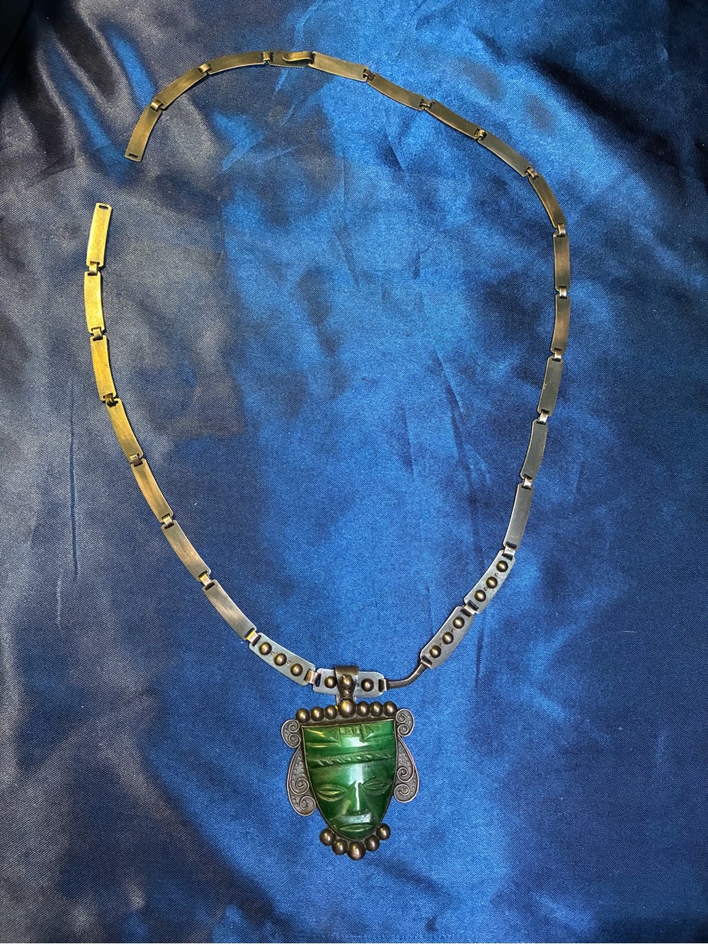 Source Unknown Silver Necklace with Green Mask Pendant